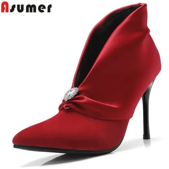 

ASUMER black red fashion ankle boots for women pointed toe shallow high heels boots ladies elegant prom boots big size 34-43