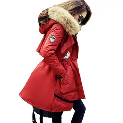 Новый Для женщин пуховик мех енота Куртка с воротником модные женские туфли длинная парка тонкий толстые негабаритных пальто белая утка
