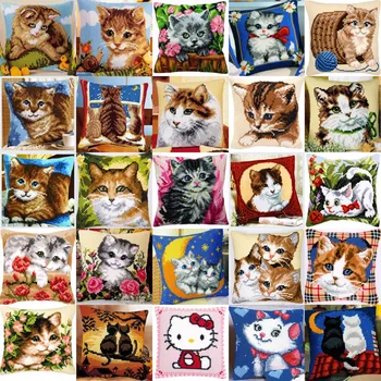 

1Cat 02 DIY Needlework Kit Acrylic Yarn Embroidery Pillow Tapestry Canvas Cushion Front Cross Stitch Pillowcase-