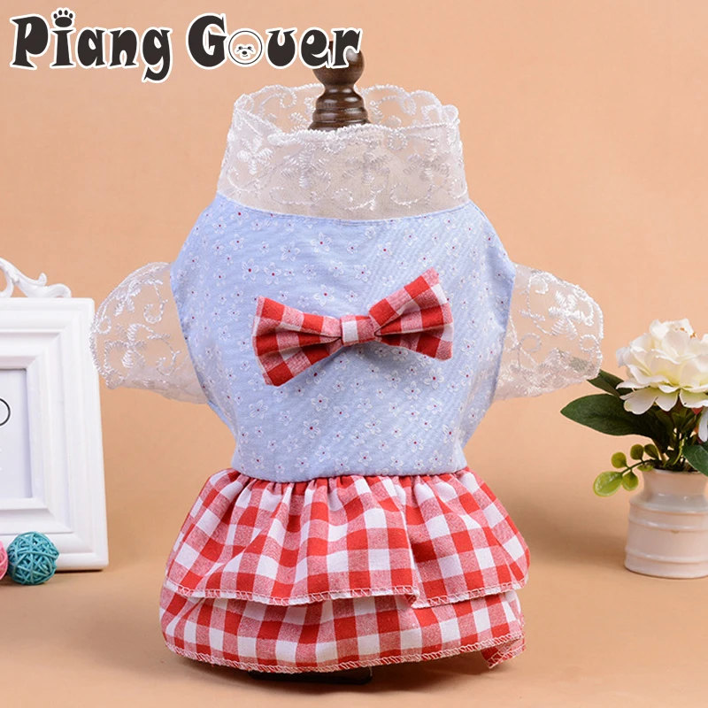 Lace Bow Lace Plaid Dog Dress Pet Princess Red Dresses Spring Summer