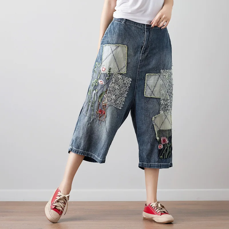 Johnature 2018 новые летние джинсы с вышивкой аппликации Винтаж для женщин брюки кнопка карманы повседневное свободные дамские шаровары