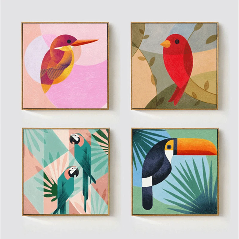 Art-Retro-Geometric-Abstract-Hawaii-Coconut-Tree-Toucan-art-canvas-print-wall-poster-painting-for-background