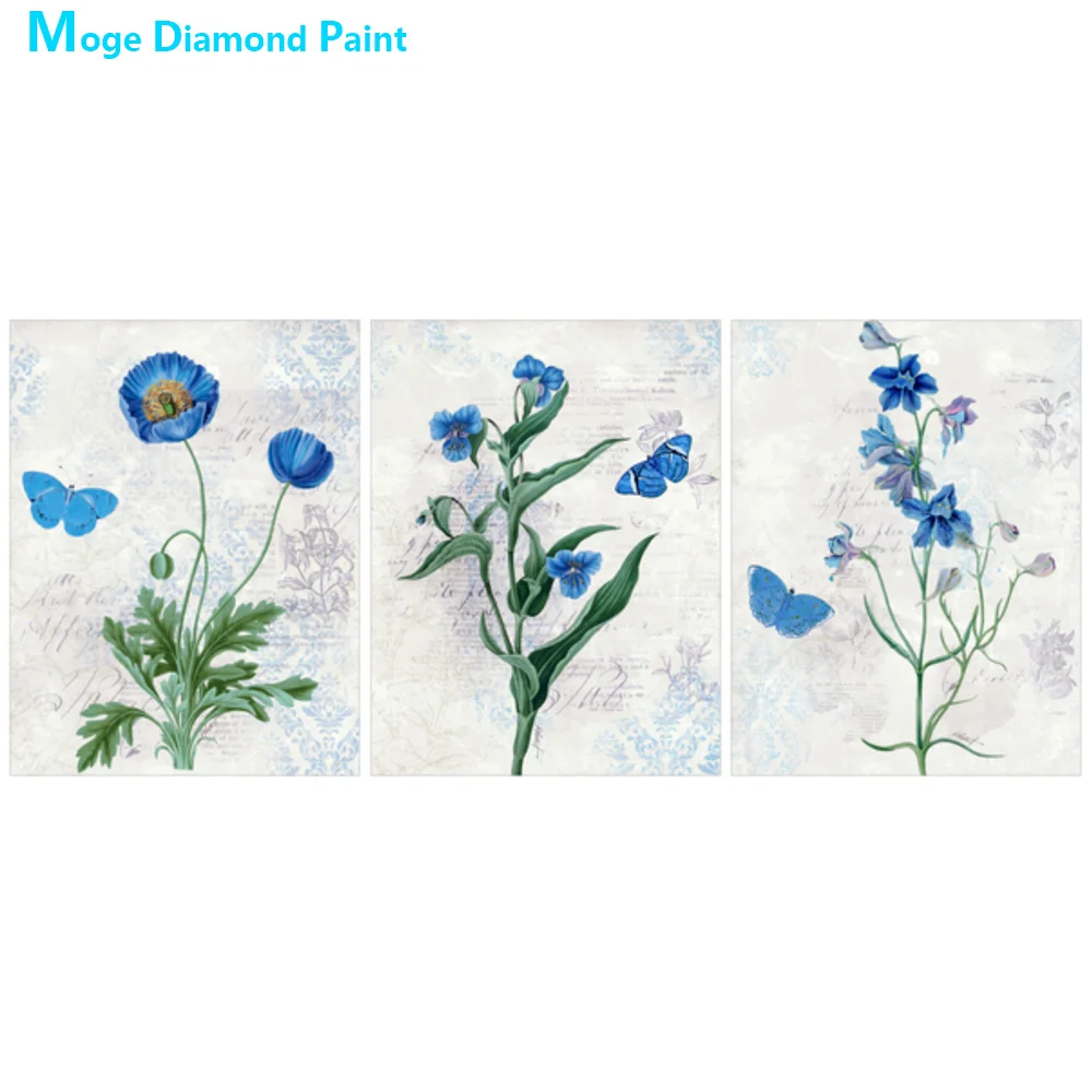 

Blue Floral Butterfly Triple Diamond Painting Full Round New DIY Sticking Drill Cross Embroidery 5D Decorative Home Decoration