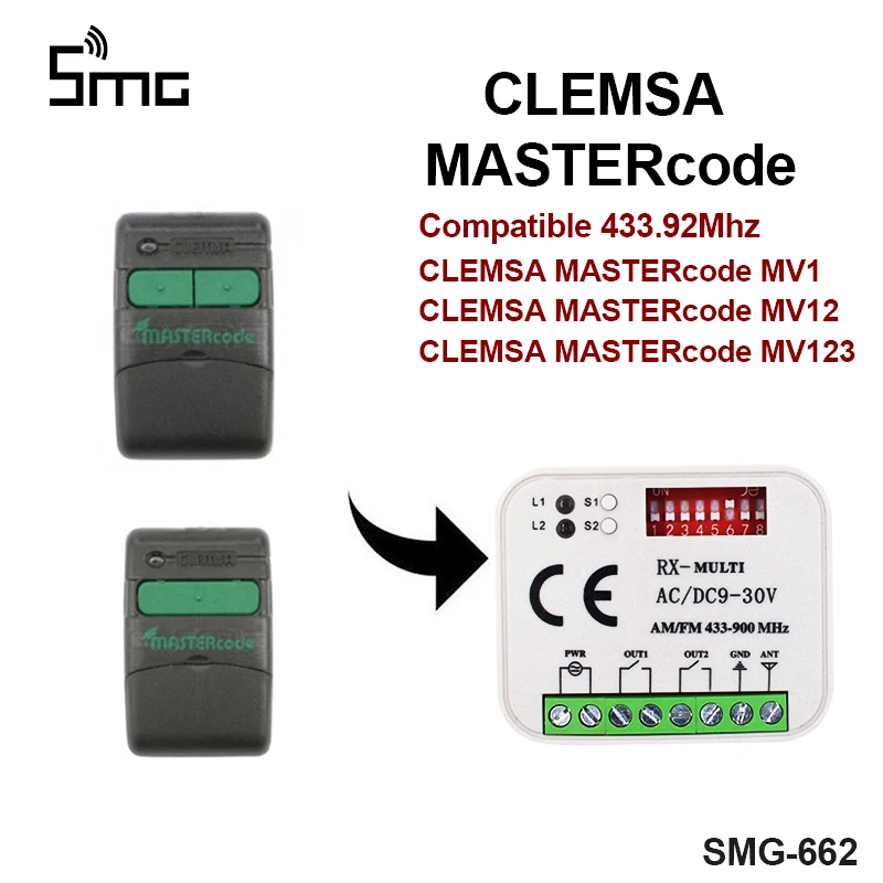 

Universal 300-868mhz garage gate door remote receiver for CLEMSA MASTERcode 433.92mhz rolling code handheld transmitter