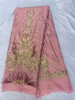

Nigerian Tulle Lace Fabric With Pink Gold Sequins Embroidered Design African French Net Lace Fabric For Wedding Dress 5 Yards