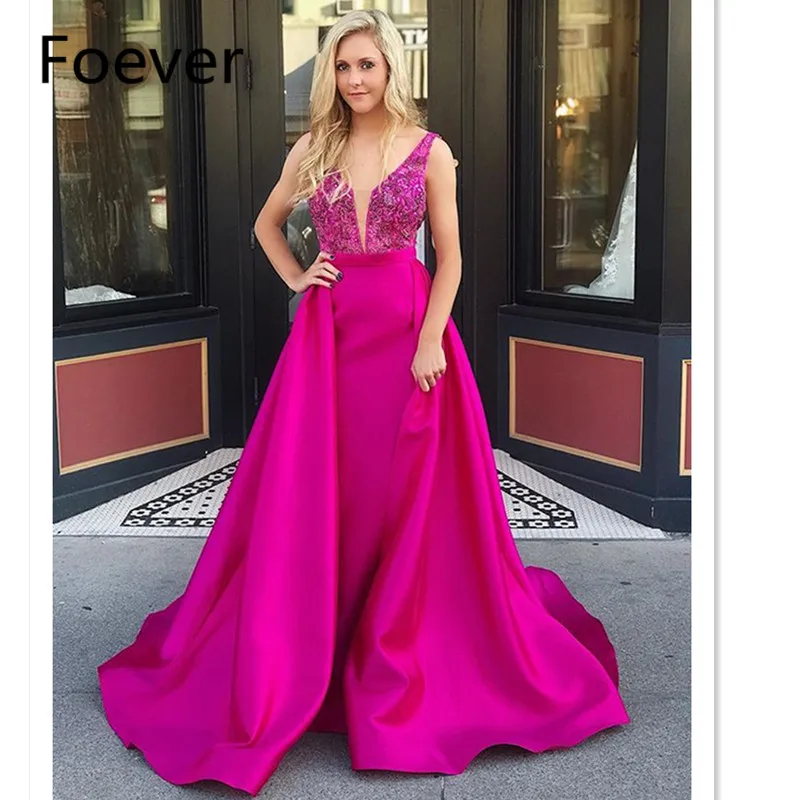 

Fuchsia Prom Evening Gown Formal Dresses Plunging Mesh V Neck Sleeveless robe de soiree Party Dress Pleated Over-skirt
