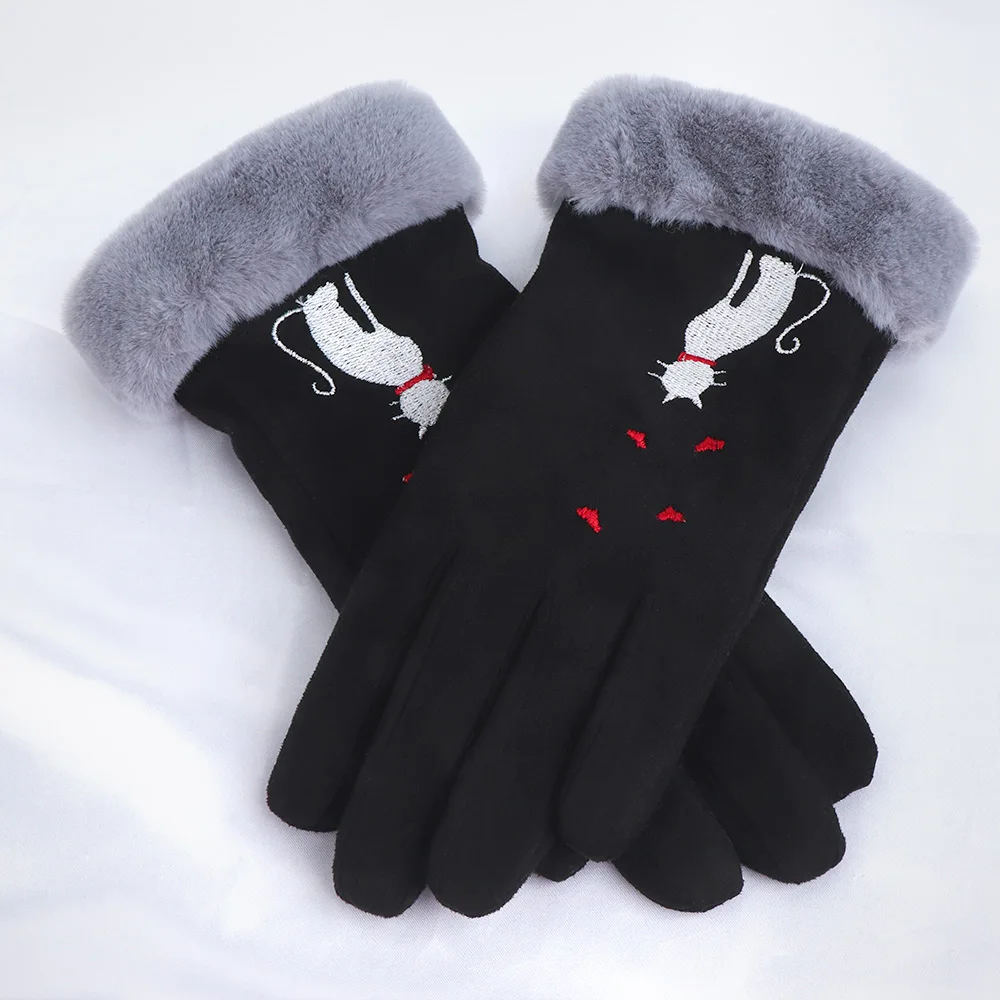 1 пара Модные женские перчатки осень зима кошка сердце вышивка теплый полный палец вождения рукавицы женские перчатки - Цвет: black