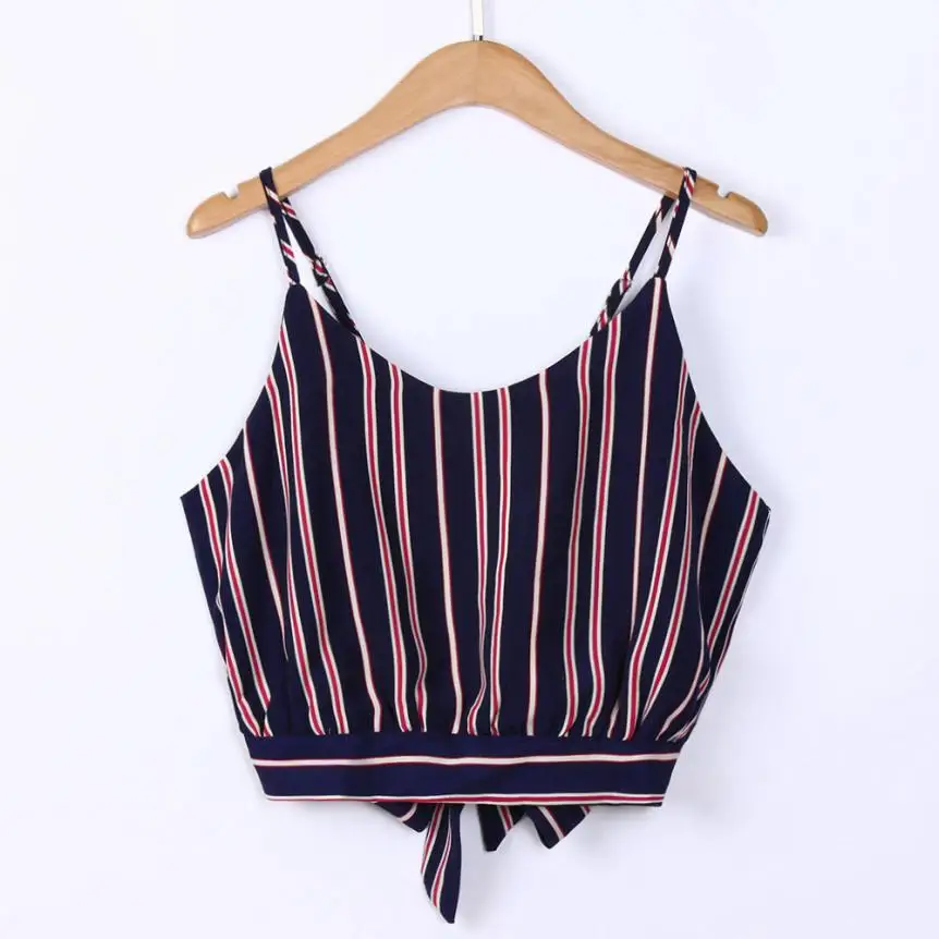 

Crop Top Women Casual V Neck Stripe Seft Tie Back Tank Top Fashion Shirt Vest Cropped Feminino Camisole 18JUL30