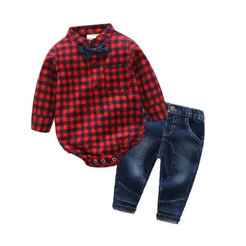 

Hot sale newborns baby boy fashion clothes plaid rompers shirts+jeans baby boys 2pcs clothing set in spring&autumn 9-24M