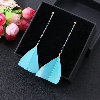 

Badu Blue Feather Earring Long Triangular Rooster Feathers Bohemian Earrings for Women Gift for Girls Holiday Jewelry Wholesale