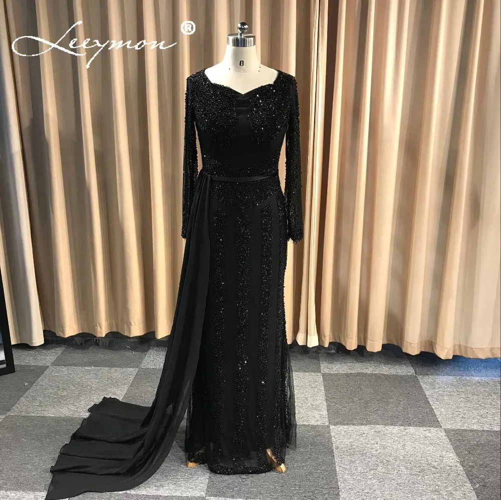 

Black Chiffon Straight Beaded Floor Length Evening Dresses Long Sleeves With Belt robes de soiree Formal Dress Prom Party Gown