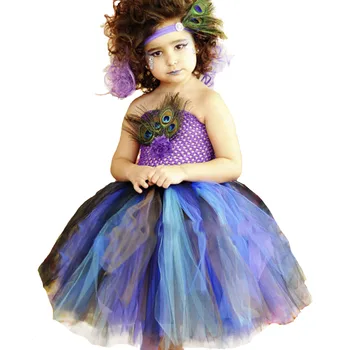 

New Girls Peacock Dress Tulle Tutu Dress Feathers Pageant Dresses For Halloween Birthday Party Baby Girl Purple Turquoise Dress