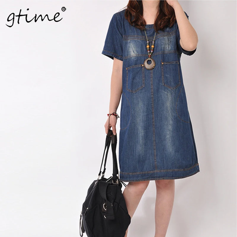 GTIME Новые Джинсы Denim Dress Случайные Элегантный Винтажный Свободный Плюс размер Футболка Офис Jeans Dress Vestidos Халат Платья # ZKQA129