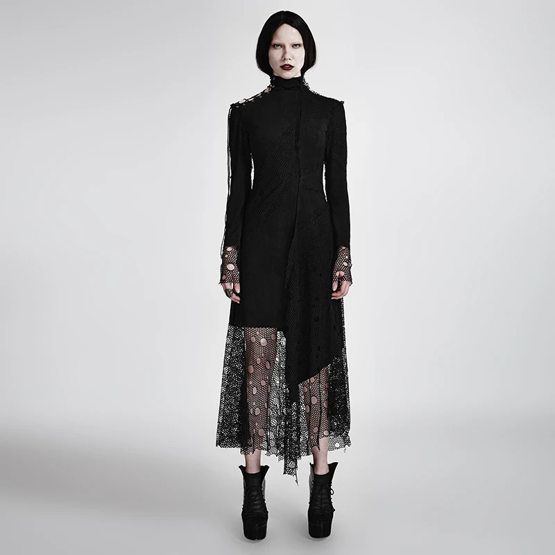 

Punk Black Women Asymmetric Mesh Stiching Dress Visual Steampunk Dark Long Sleeve Casual Dress