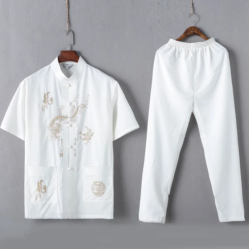 Китайские традиционные костюмы 2 шт. мужская одежда комплект дракон вышивка рубашка+ брюки кунг-фу ушу Тай Чи пиджаки Тан костюм
