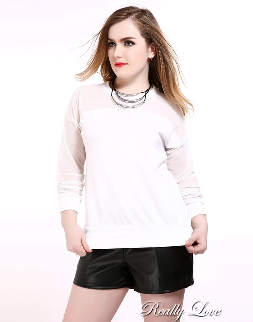 cute ann womens white plus size sweatshirts mesh patchwork sleeve plus size sweatshirts