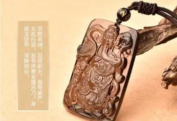 

Koraba Fine Jewelry 100%Certified Natural Icy Obsidian Hand Carved Statue of Guan Yu +Rope Necklace Free Shipping