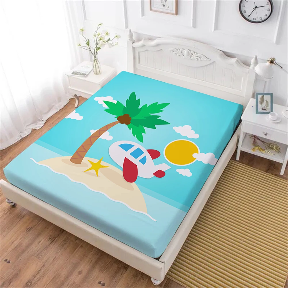 

Tropical Island Scenery Bed Sheet Blue Sky Airplane Fitted Sheet Cartoon Sun Beach Bedclothes Mattress Cover Home Decor D35