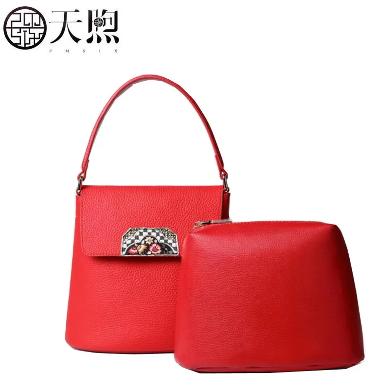 

2018 new original design first layer cowhide temperament embroidered handbag Bucket bag leather crossbody shoulder bag handbag