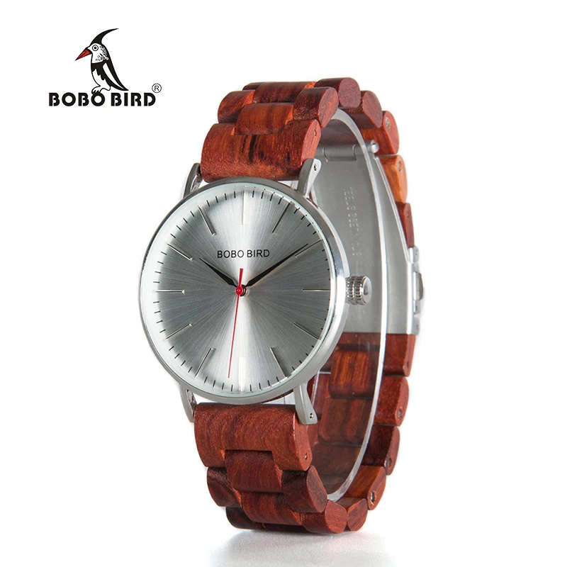 BOBO BIRD Simple Men Watch Thin Steel Silver Case Dress Watch with Wood Band in Gift Box