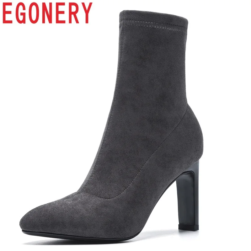 

EGONERY shoes women 2018 newest popular high quality pointed toe slip-on three colors flock winter warm fashion lady ankle boots