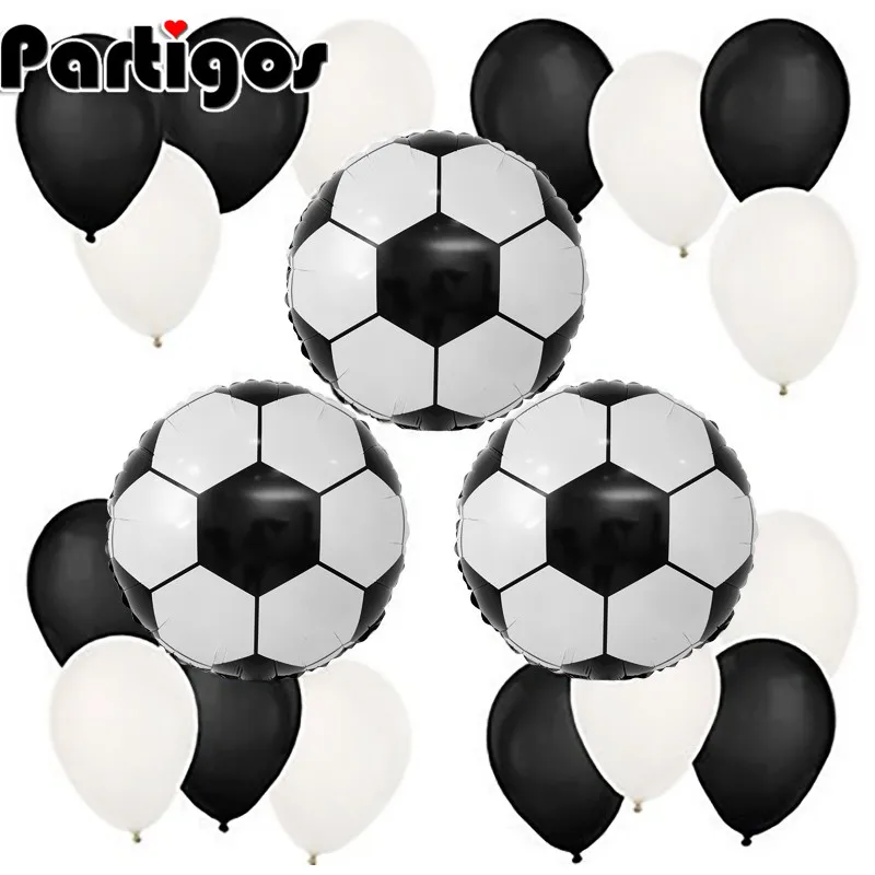 

19pcs/lot 18 inch Round Football Foil Balloons Baby Birthday P.E. Party Soccer Helium Globos 2.2g White Black Latex Decoration