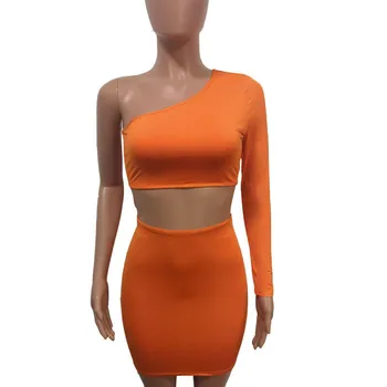 

Summer Women One shoulder Chest Wrap Solid Skirt Set Bodycon Club Dress 2pcs