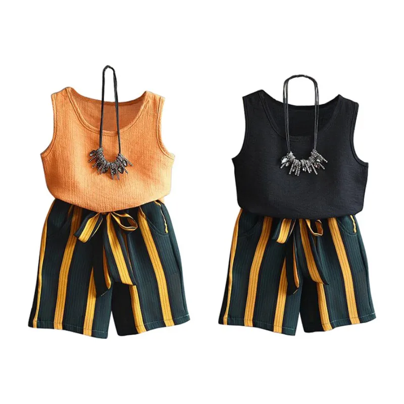 

Summer Kids Girls Clothes Sets Toddler Girl Clothes Striped Sleeveless Blouse Tops+Short Pants Hot Selling