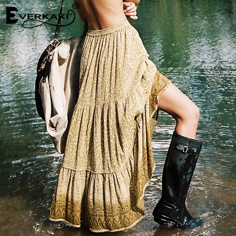Everkaki, леопардовая юбка макси, для женщин, Boho, хлопок, сексуальные, длинные юбки, для женщин, геометрический узор, богемный стиль, эластичная талия, женская юбка