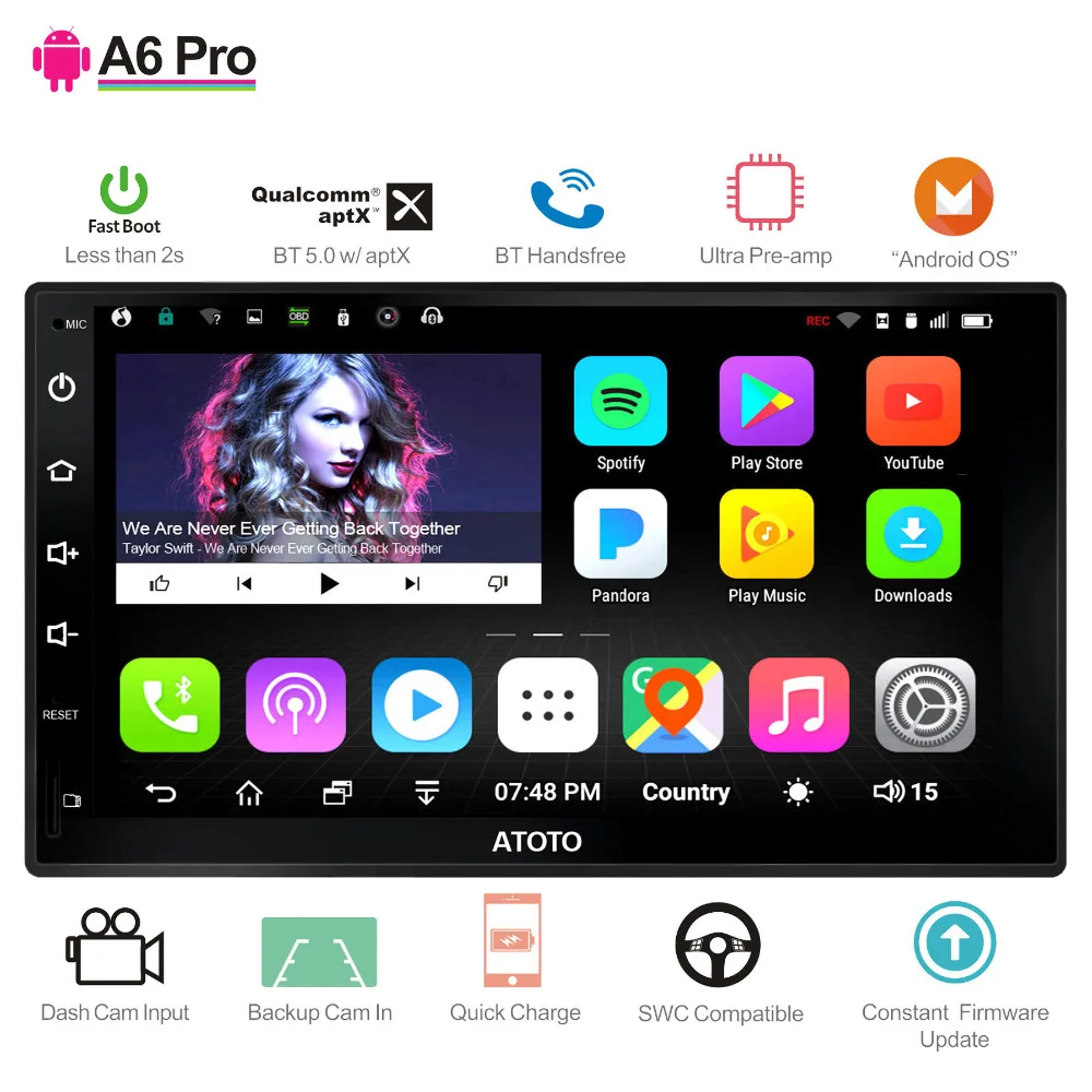 Мультимедийная система ATOTO A6 стерео на Android с GPS Bluetooth Wi Fi 2 Гб ОЗУ 32 ПЗУ aptX/Pro