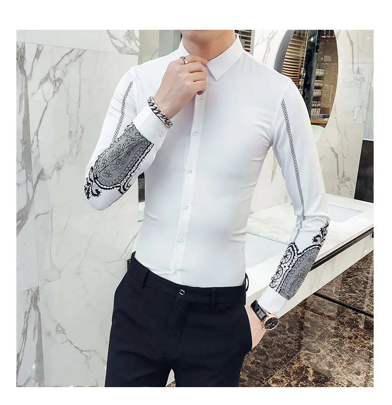 2018 новая рубашка с принтом Мужская Корейская Тонкий плюс бархат футболка с длинными рукавами стилист личности рубашка прилив