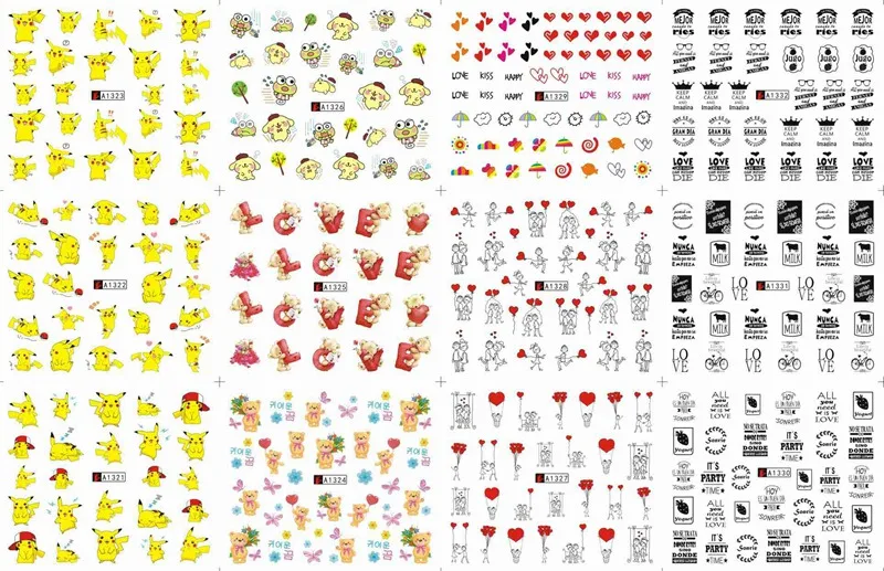 12 sheets lot water transfer nail art decorations stickers decals manicure nails supplies tool Cute animal cat dog rabbit - Цвет: A1321-1332