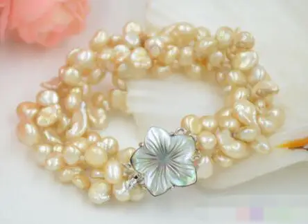 

FREE SHIPPING>>>@@ 3733 4row yellow lamina BAROQUE KESHI REBORN PEARL bracelet