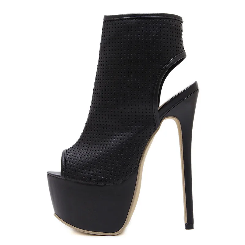 Женские летние сандалии на высоком каблуке 16 см и платформе 7 см с застежкой-молнией; туфли-лодочки на шпильках с ремешком; красивые черные туфли на высоком каблуке в Корейском стиле - Цвет: Черный