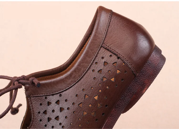 Women Flats 2018 Summer Retro Handmade Breathable Flat Cow Leather Hole Shoes Comfortable Female Sandals Lace Up Vintage Shoes (3)