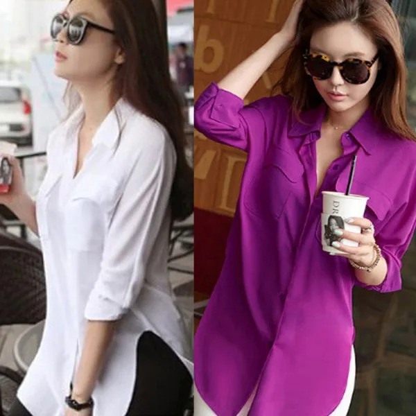 

Fashion Fashion Womens Full Sleeve Chiffon Shirts Turn-down Collar Casual Loose Tops Blouses