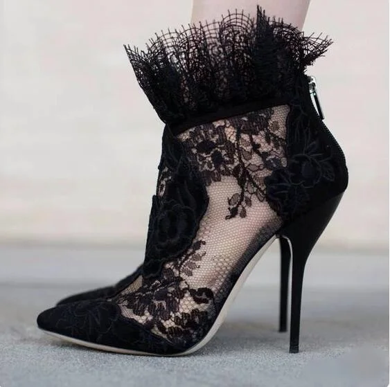 Пикантные Черные ботильоны с кружевом; женские модельные туфли с острым носком на молнии сзади на тонком каблуке; короткие ботинки; большие размеры 10 - Цвет: as picture