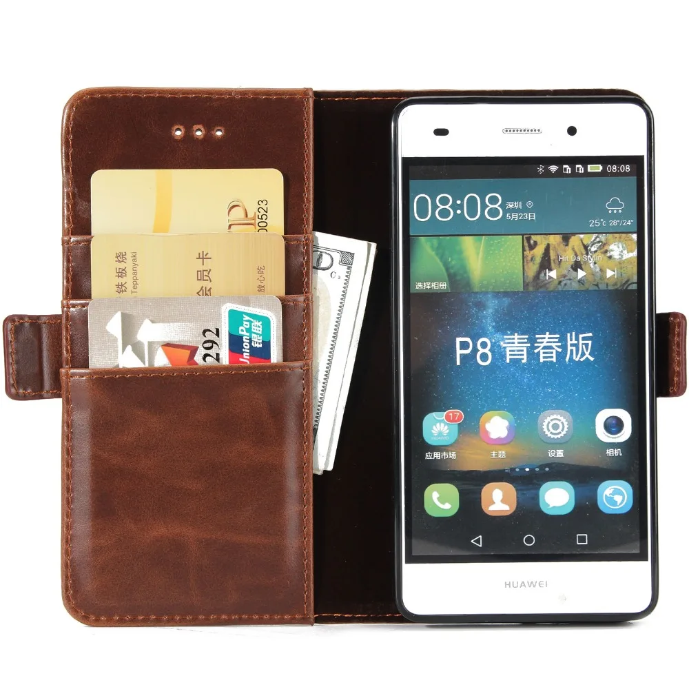 Кожаный чехол кошелек для Huawei P8 Lite Магнитный Флип кейс с 3 слотами карт наличные