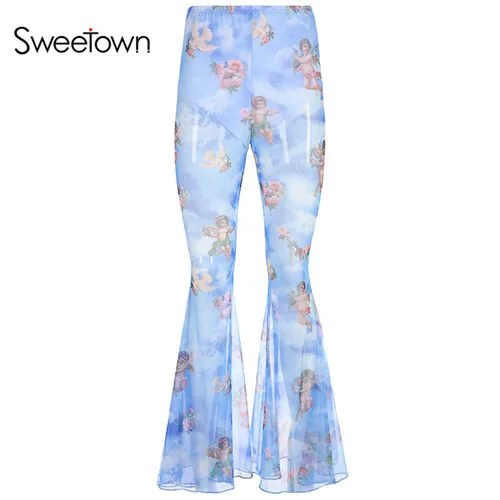 Sweetown Angel Print Kawaii сетчатые прозрачные сексуальные Boho штаны с высокой талией женские двухслойные высокие расклешенные брюки летние - Цвет: blue