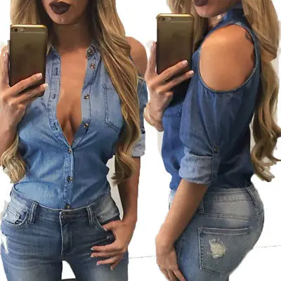 

Sexy Retro Fashion 2017 Women's Casual Long Sleeve Shirt Loose Tops Blouse Casual Blue Jean Denim Off Sleeve Shirt Tops Jacket