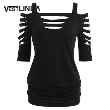 

VESTLINDA Open Shoulder Tearing Sleeve T-Shirt Women Summer T-Shirts Punk T Shirt Square Neck Three Quarter Cut Out Black Tops