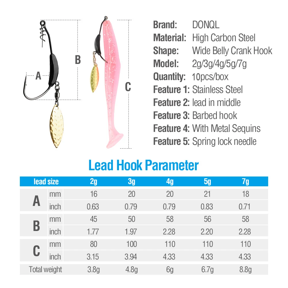 DONQL 10 шт./компл. широкая заводная рукоятка бронзовых морских рыболовных крючков металлическая блесна, приманка, пайетки добавляют привести Вес 2g-7g Смещение крючки для мягкие приманки