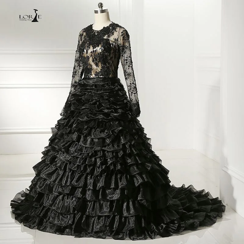 LORIE Black Lace Wedding Gown Full sleeves Ruffles Dresses