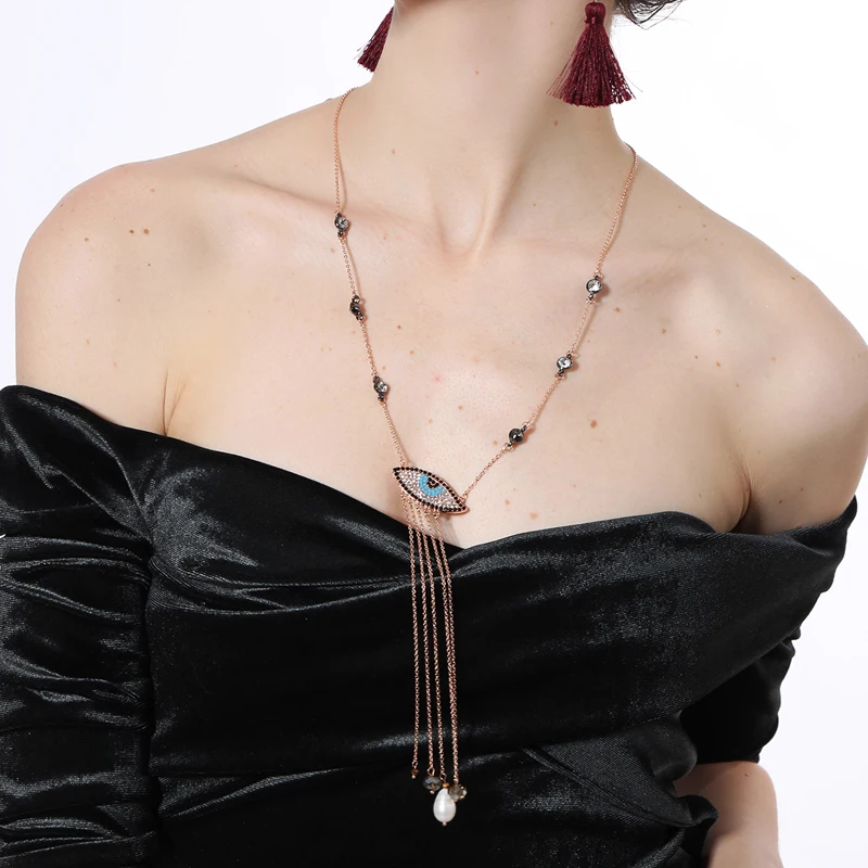 

Bulk Price Ethnic Fashion Vintage Punk Necklace Crystal Long Gold Color Tassel Charming Eye Handmade Drop Necklaces For Women