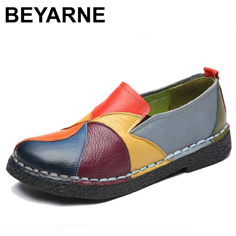 

BEYARNEFashion Flat Shoes Woman Loafers Ethnic Style Handmade Genuine leather Women's Shoes & Flats Mixed Color Casual ShoesE173