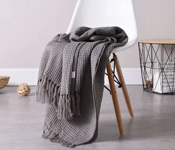 

Waffle Knitted Throw Blanket for Sofa with Decorative Tassel Tapestry Picnic Mat Sofa Towel Cover