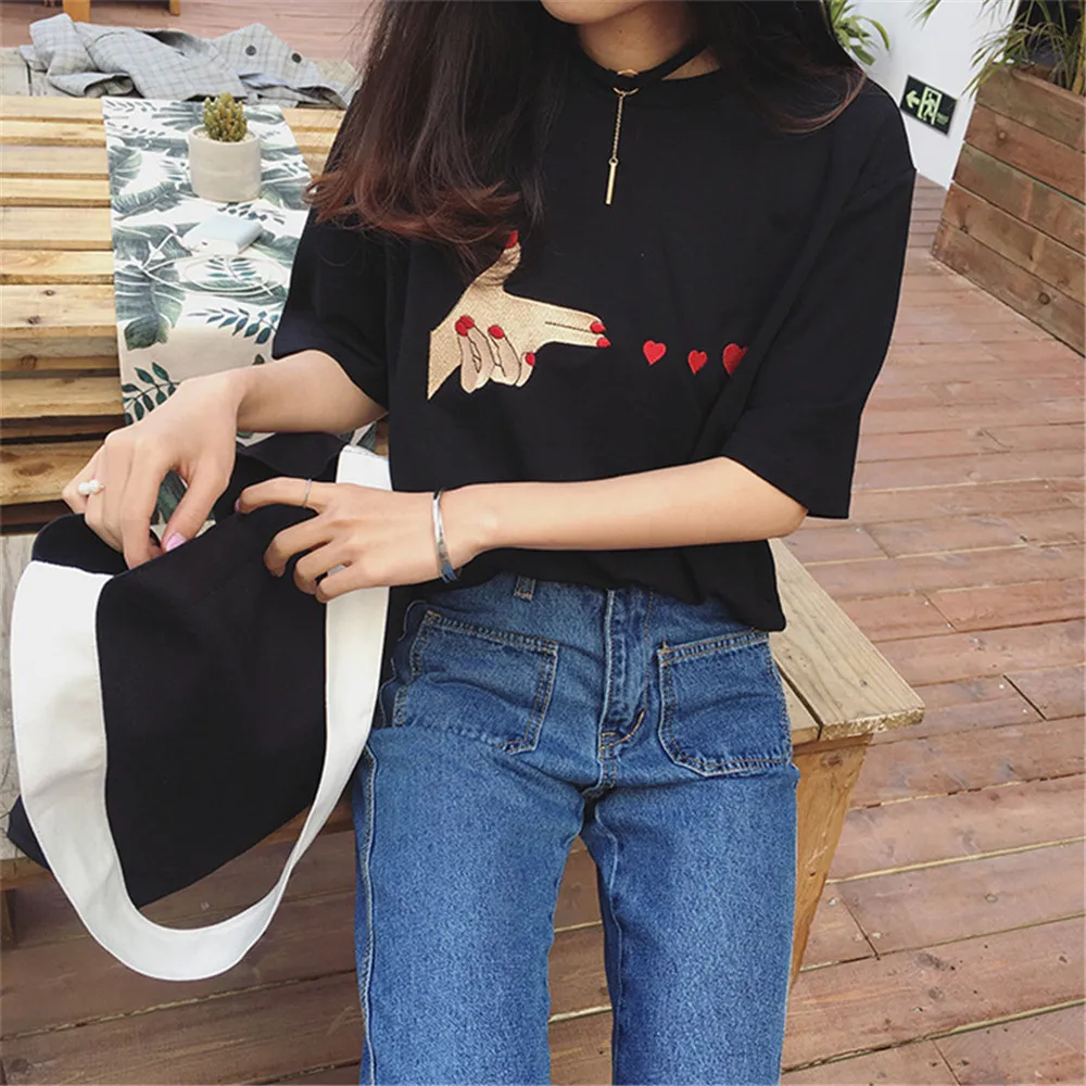 Summer Heart Hit Embroidery Women T Shirt 2017 Women Simple Shirts Casual cool top tee Short Sleeve O Neck loose T-shirt  (1)