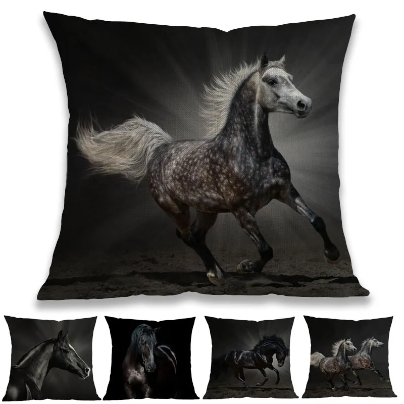 

Dark Background Black And Gray Arabian Andalusian Galloping Horses Breeds Linen Pillow Case Home Sofa Decorative Cushion Covers