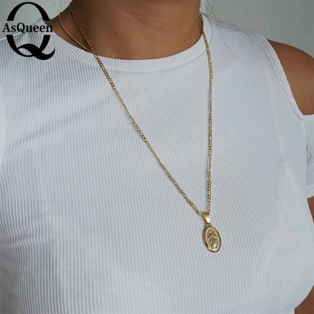 

Gold Medallion Virgin Mary Necklace, Unisex Necklace, Coin Necklace, Long Layering Necklace