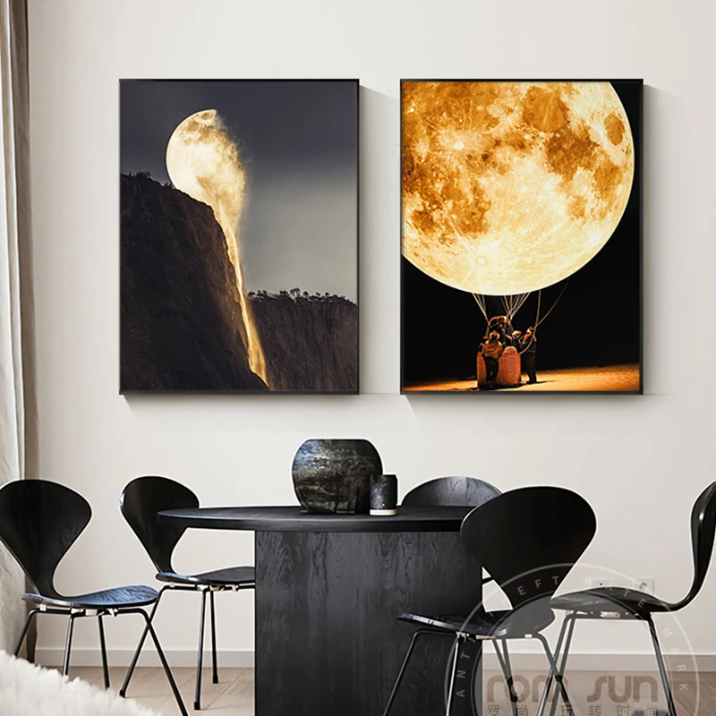 

Abstract Melting Moonlight Canvas Painting Orange Moon Poster n Print Unique Modern Decor Wall Art for Living Room Fashion Home